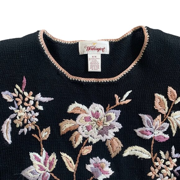 Vintage Worthington Floral Embroidered Beaded Accent Sweater M - Picture 6 of 9
